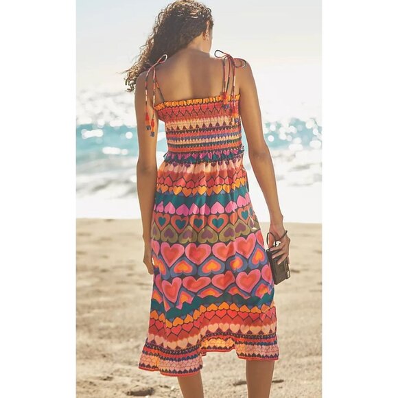 Anthropologie Farm Rio Smocked Cover-Up Dress Hearts Beaded Tassels Size Large - Picture 2 of 6